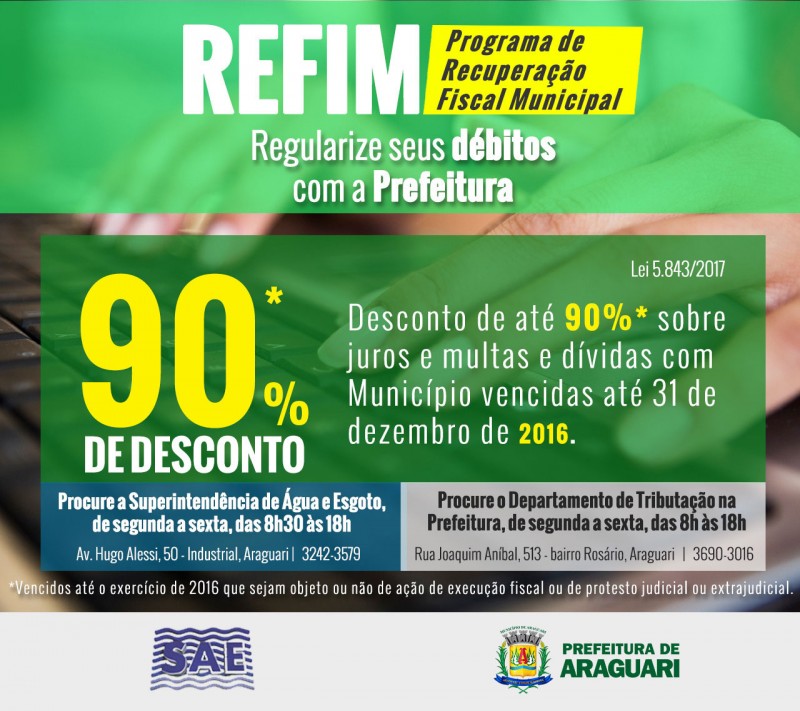 Prefeitura concede desconto de 90% sobre multa e juros para inadimplentes através do REFIM