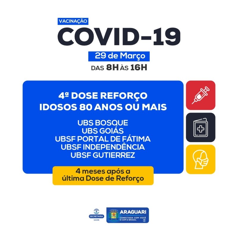 Araguari inicia a aplicação da 4ª dose de reforço contra Covid-19 para pessoas de 80 anos ou mais