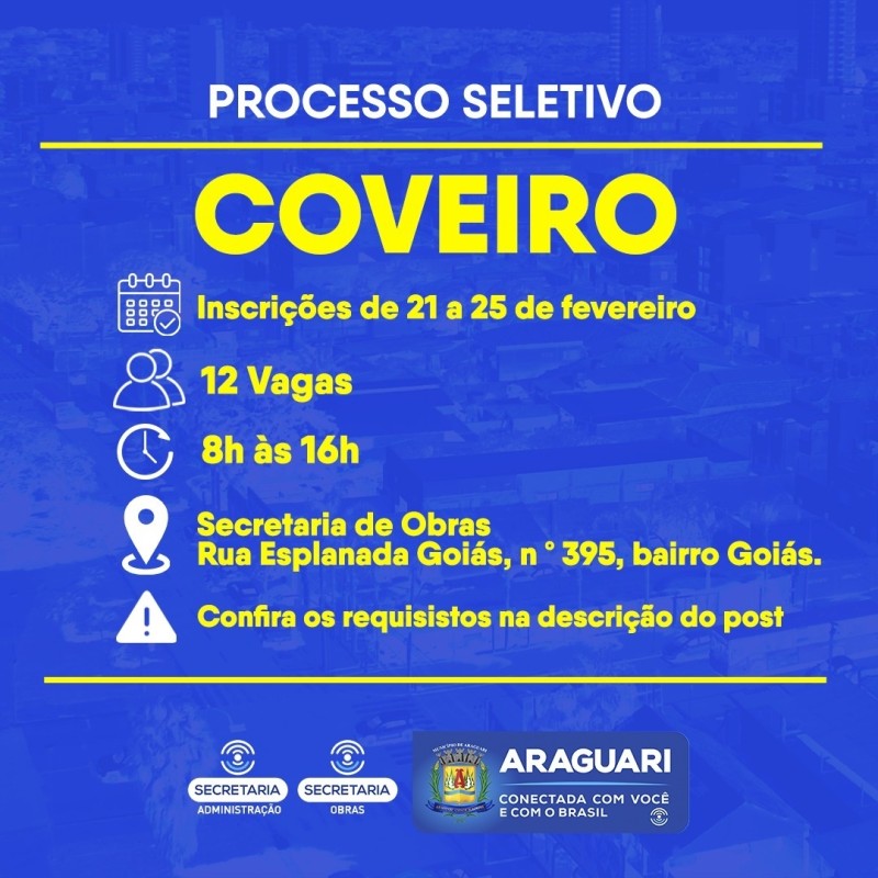 Prefeitura de Araguari anuncia processo seletivo para Coveiro