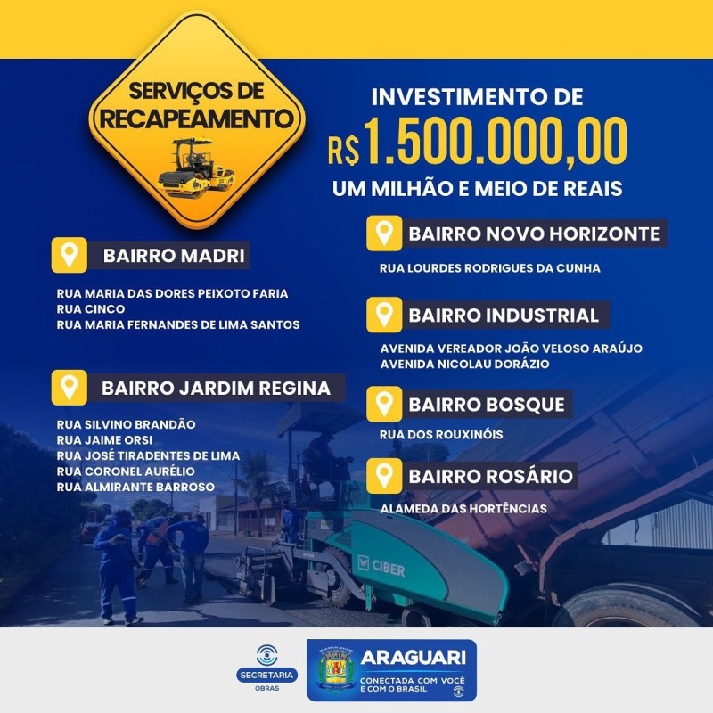 Prefeitura inicia recapeamento em diversos locais na próxima semana
