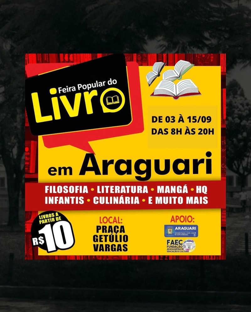 A FAEC - Fundação Araguarina de Educação e Cultura, convida os escritores independentes locais a participarem da “Feira Popular do Livro”, para lançamento e venda de seus livros durante o evento.