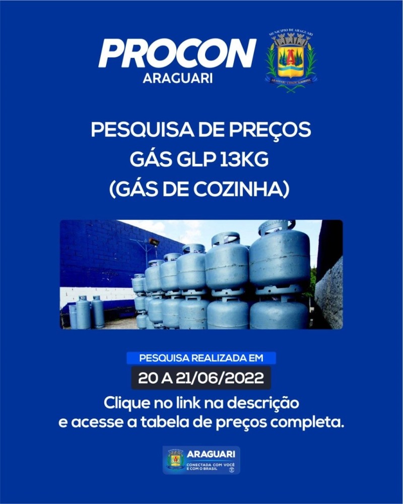 Pesquisa de preços de botijão de gás de cozinha (13kg), realizada dia 21 de junho de 2022