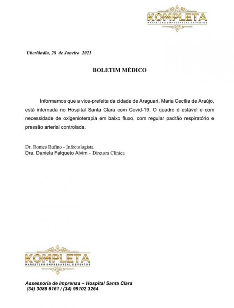 Vice-prefeita de Araguari continua com quadro clínico estável 