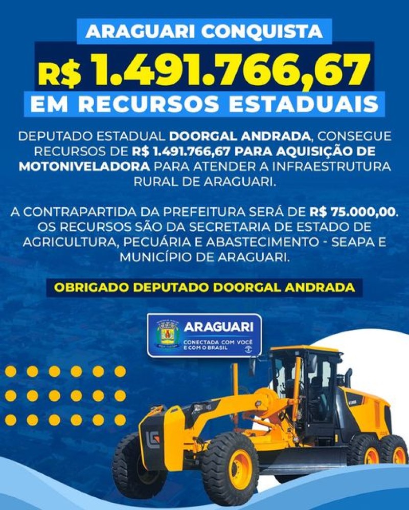 Prefeitura de Araguari recebe recurso para  aquisição de mais uma MÁQUINA MOTOMONIVELADORA para promover melhorias na Zona Rural do Município