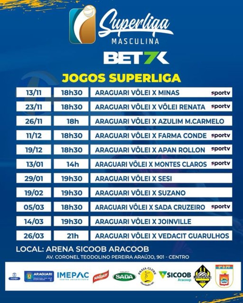 Tabela de todos os jogos em casa do Araguari Vôlei 