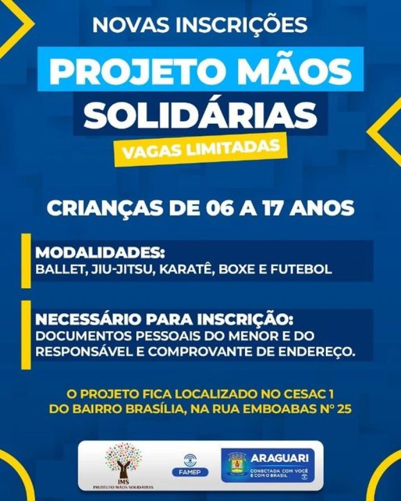 Os projetos esportivos disponibilizados pela Fundação de Esportes e Paradesporto – FAMEP continuam em destaque e auxiliando de forma positiva na formação de crianças e adolescentes.  O Projeto “Mãos Solidárias”, está com novas inscrições, abertas para cri