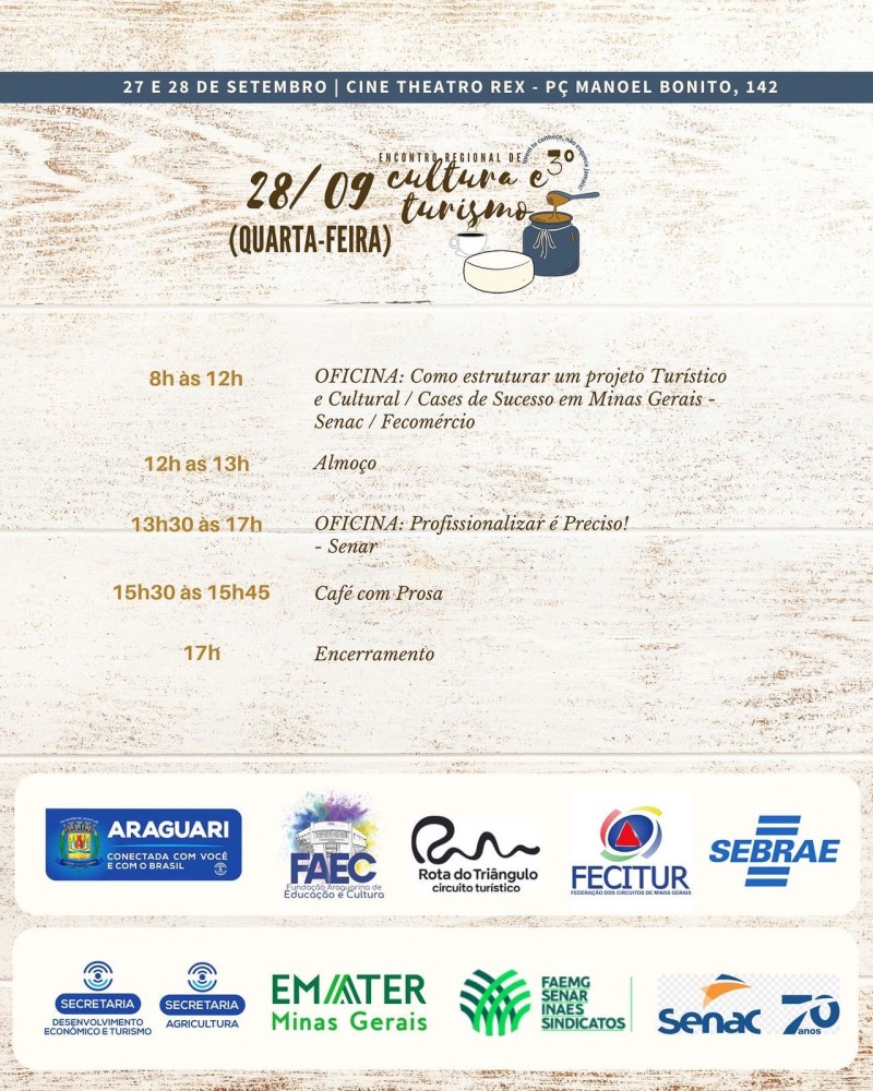 3º Encontro Regional de Cultura e Turismo acontece em Araguari nos dias 27 e 28 de Setembro.