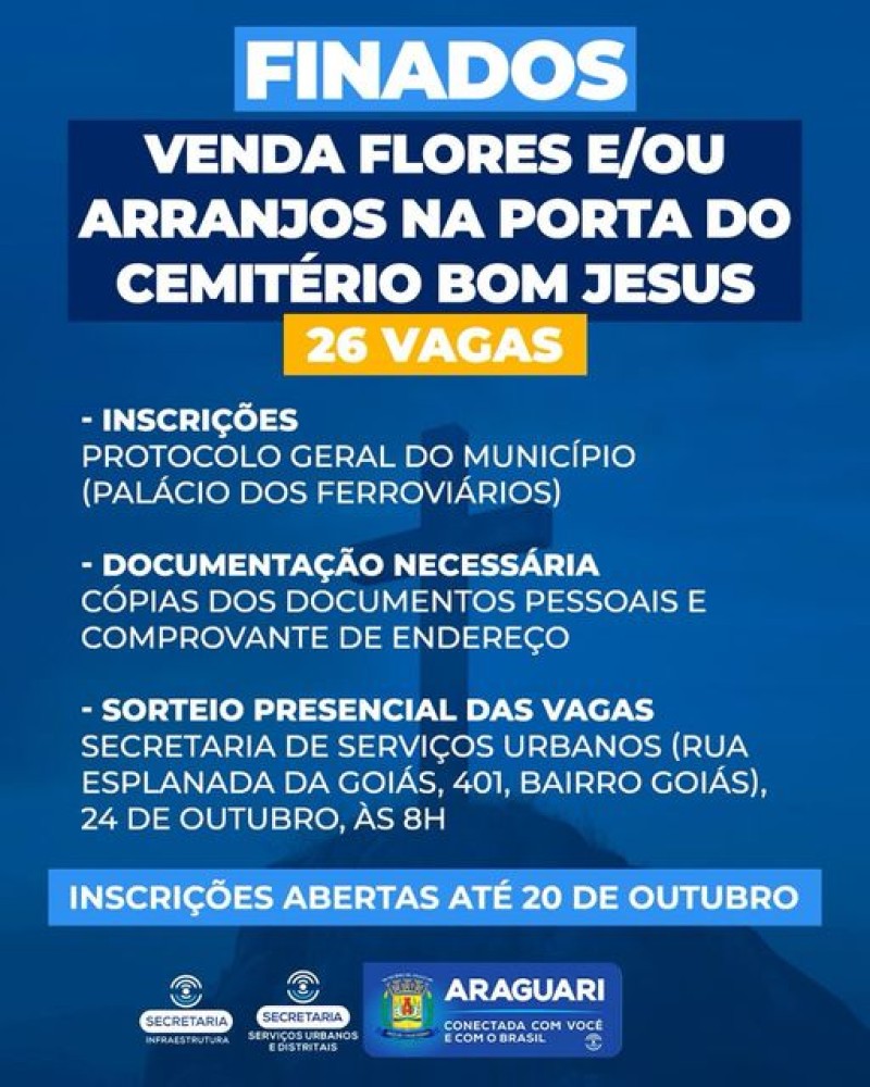 Cadastro para venda de Flores e/ou Arranjos no Cemitério Bom Jesus está aberto em Araguari