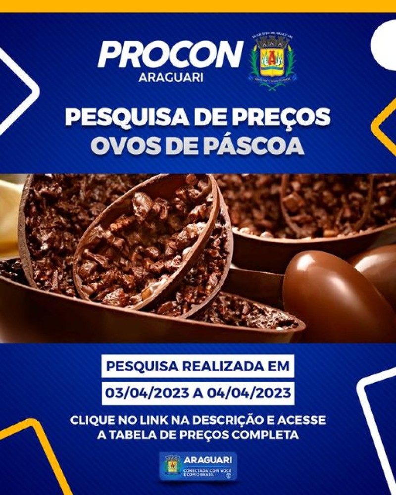 Pesquisa de preços de ovos de páscoa, realizada entre os dias 03/04 a 04/04/2023.