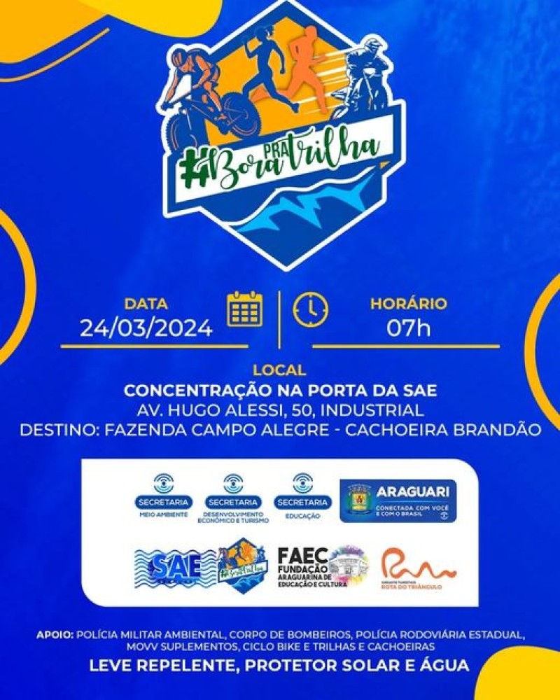 Vem aí mais uma edição do evento Bora Pra Trilha, que será realizado no domingo, dia 24 de março, a partir das 7h. A concentração está marcada na porta da Superintendência de Água e Esgoto, com destino à Fazenda Campo Alegre – Cachoeira Brandão. É importa