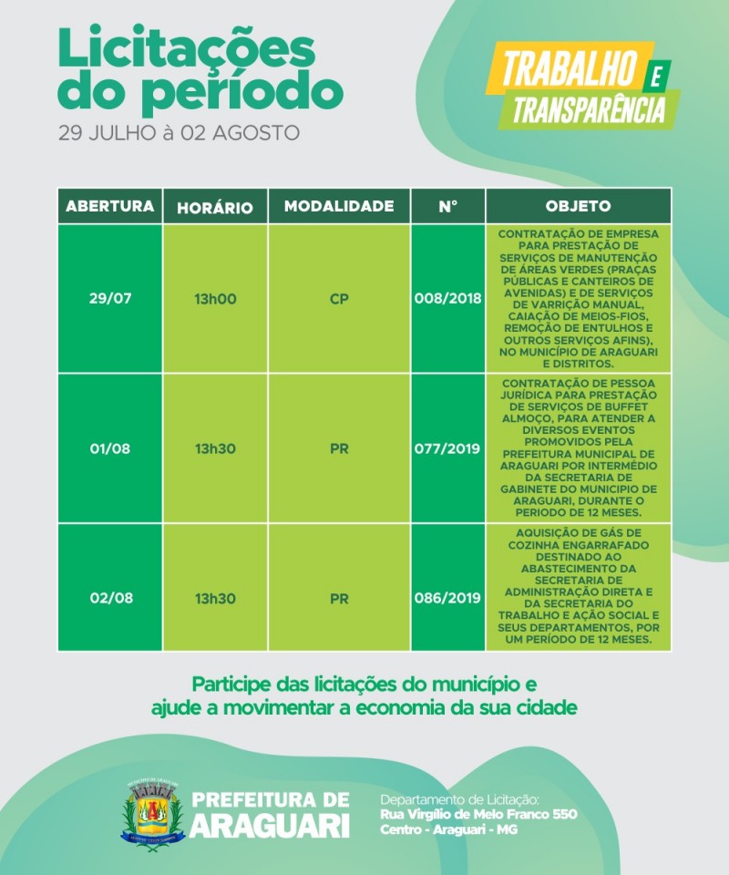Prefeitura de Araguari divulga cronograma das próximas licitações do município