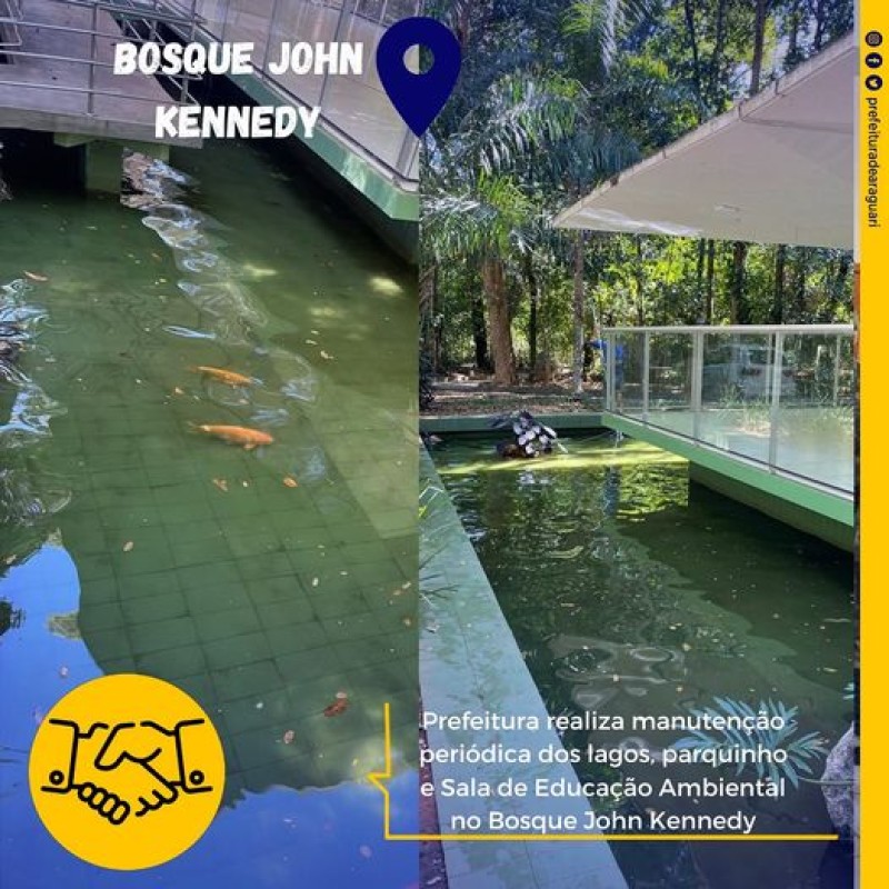 Prefeitura realiza manutenção periódica dos lagos, parquinho e Sala de Educação Ambiental no Bosque John Kennedy 