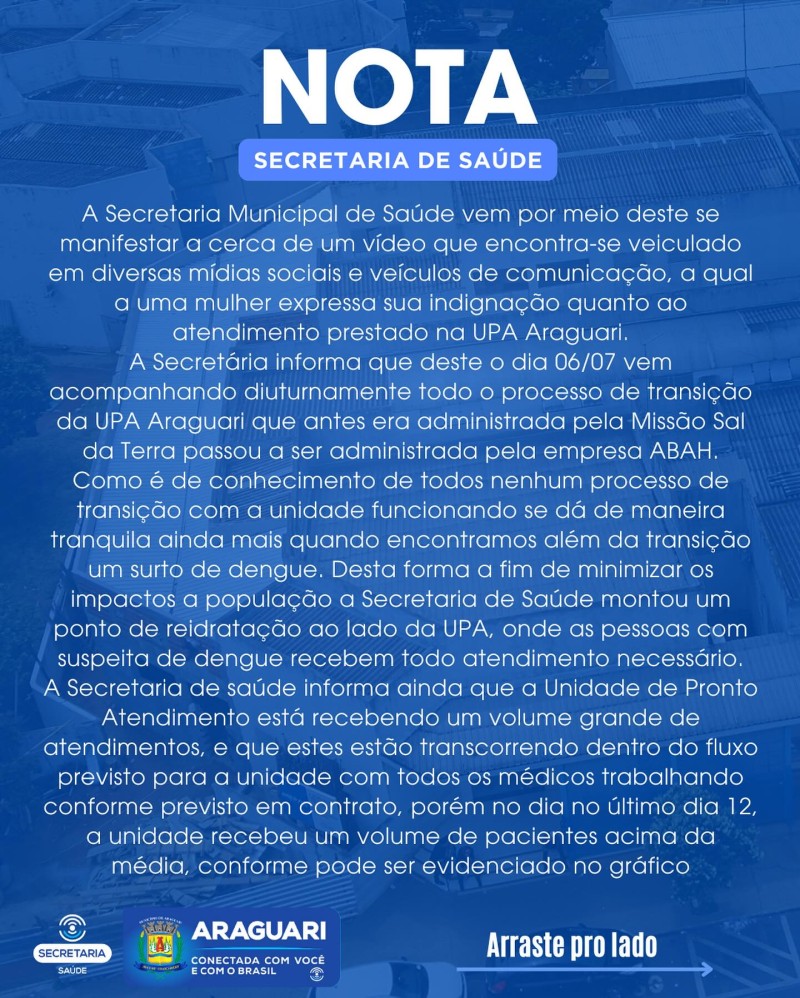 Nota de esclarecimento da Secretaria de Saúde de Araguari.