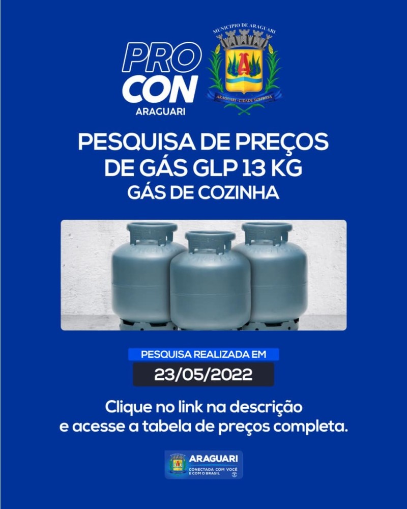 Tabela de preços de gás GlP 13KG realizada dia 23-05-2022.