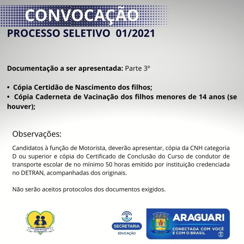 CONVOCAÇÃO DO PROCESSO SELETIVO 01/2021