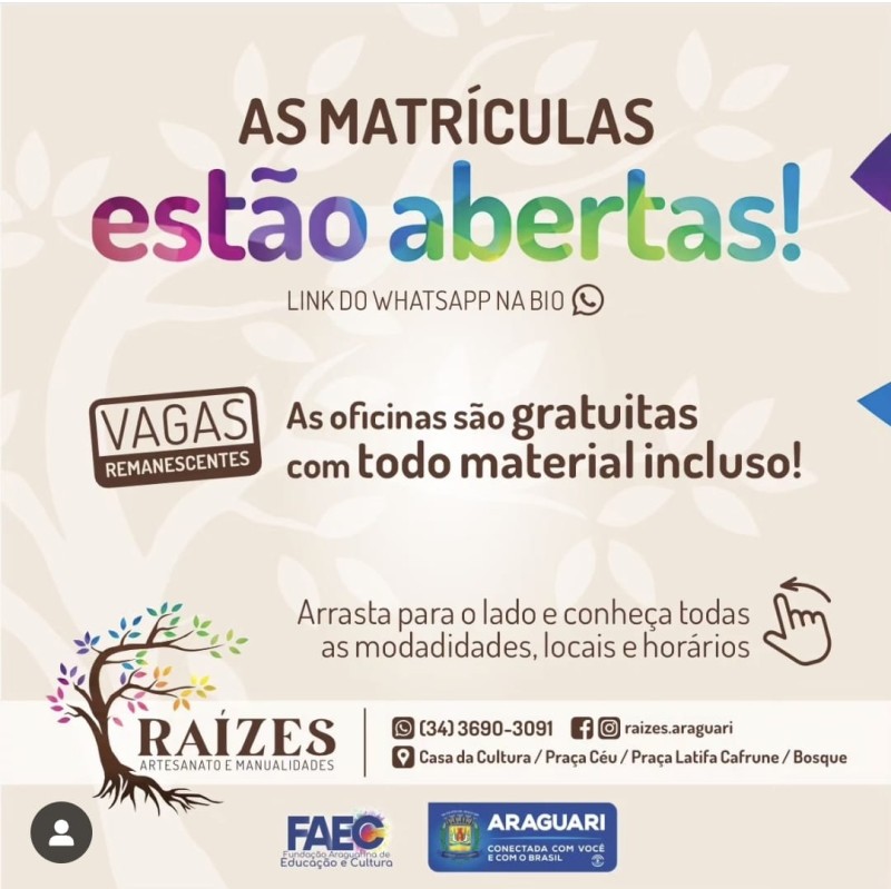 Dez modalidades diferentes para você escolher, aprimorar seus conhecimentos ou começar a criar raízes conosco! Bora?!