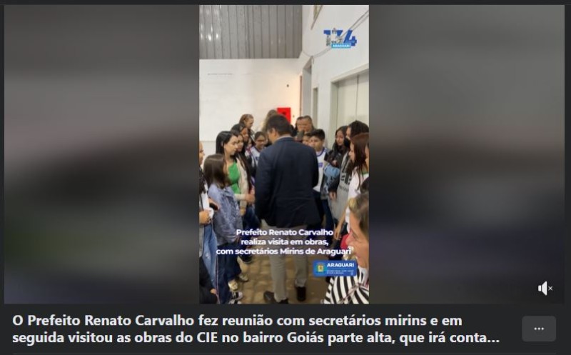 O Prefeito Renato Carvalho fez reunião com secretários mirins e em seguida visitou as obras do CIE no bairro Goiás parte alta, que irá contar com ginásio poliesportivo, arquibancada, área de apoio administrativo, sala de professores/técnicos, vestiários, 