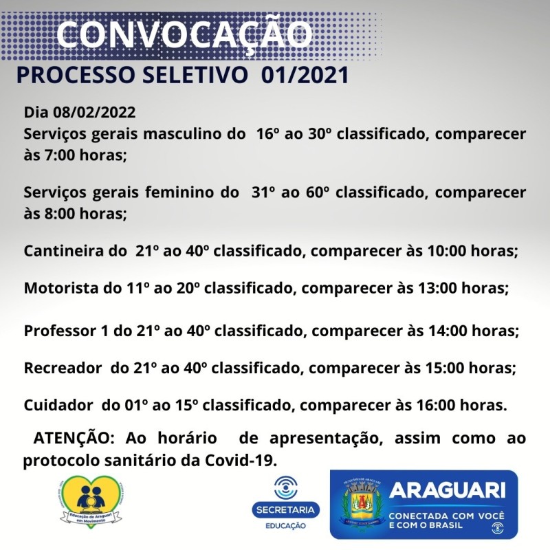 CONVOCAÇÃO DO PROCESSO SELETIVO 01/2021