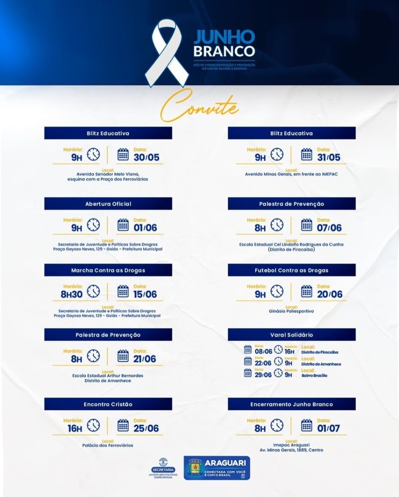 Campanha Junho Branco é realizada com diversas ações promovidas pela secretaria de Políticas Sobre Drogas