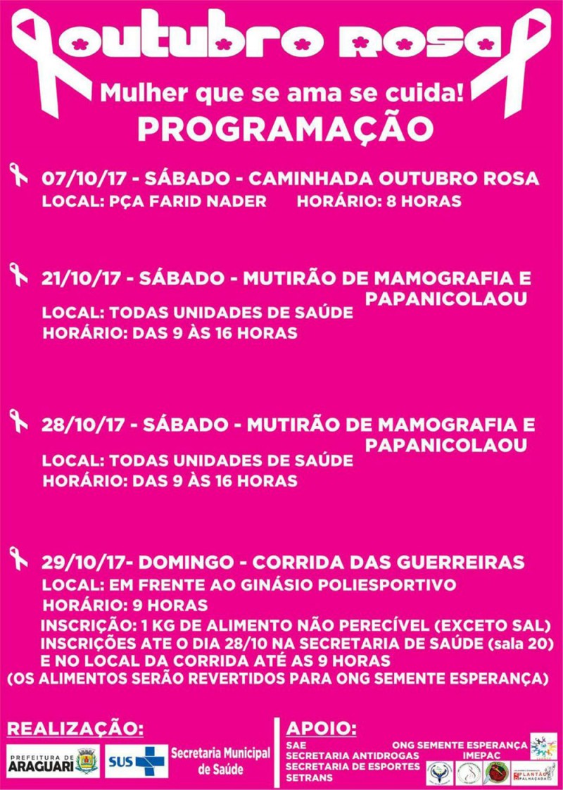 Secretaria de Saúde divulga programação do ”Outubro Rosa”