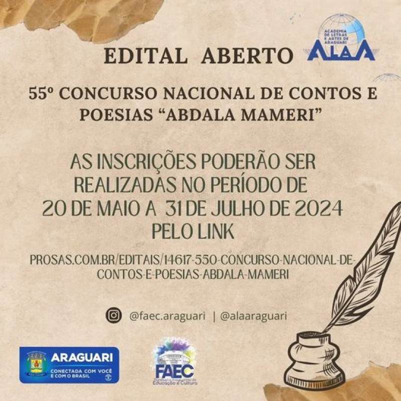 FAEC publica edital de seleção artística para realizar o 55º Concurso Nacional de Contos e Poesias “Abdala Mameri”, que vai selecionar escritores e premiá-los com dinheiro.