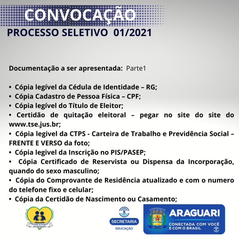 CONVOCAÇÃO DO PROCESSO SELETIVO 01/2021