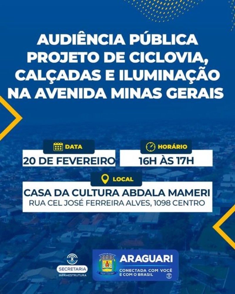 Convidamos a população para a Audiência Pública sobre o Projeto de Ciclovia, Calçadas e Iluminação na Avenida Minas Gerais. O encontro promovido pela secretaria de Infraestrutura está marcado para terça-feira, 20 de fevereiro, das 16h às 17h, na Casa da C