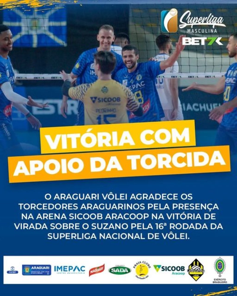 O Araguari Vôlei agradece os torcedores araguarinos pela presença na Arena Sicoob/Aracoop no jogo diante do Suzano pela 16ª rodada da Superliga Nacional de Vôlei. O apoio do torcedor foi fundamental para a vitória do Araguari de virada por três sets a um,