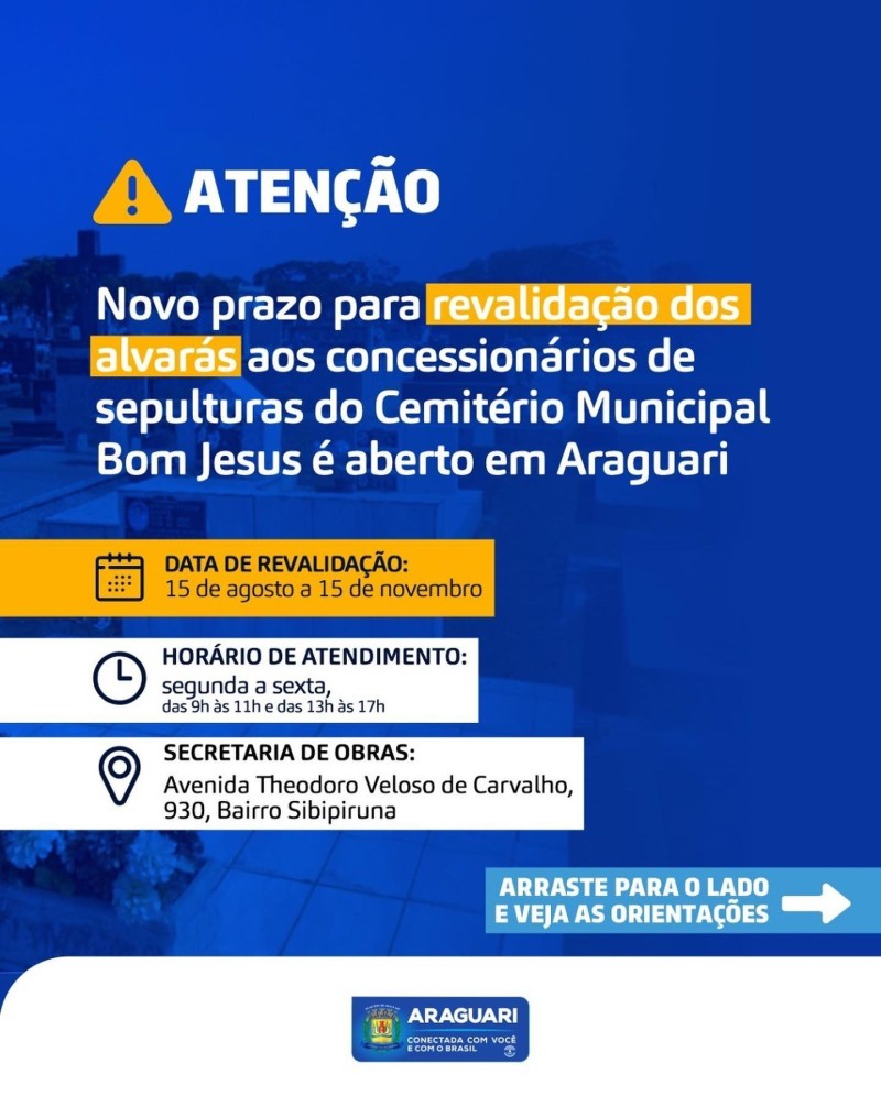 Novo prazo para revalidação dos alvarás aos concessionários de sepulturas do Cemitério Municipal Bom Jesus é aberto em Araguari