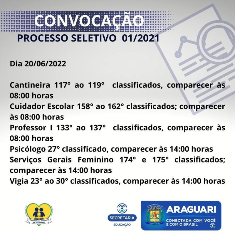 Educação de Araguari em Movimento CONVOCAÇÃO DO PROCESSO SELETIVO 01/2021